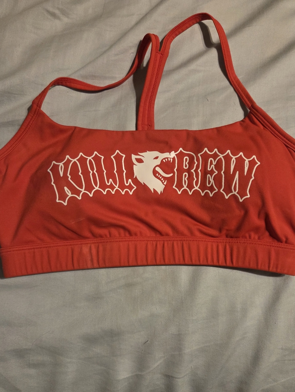 Red Graphic Sports Bra with 'Kill Crew' Logo
